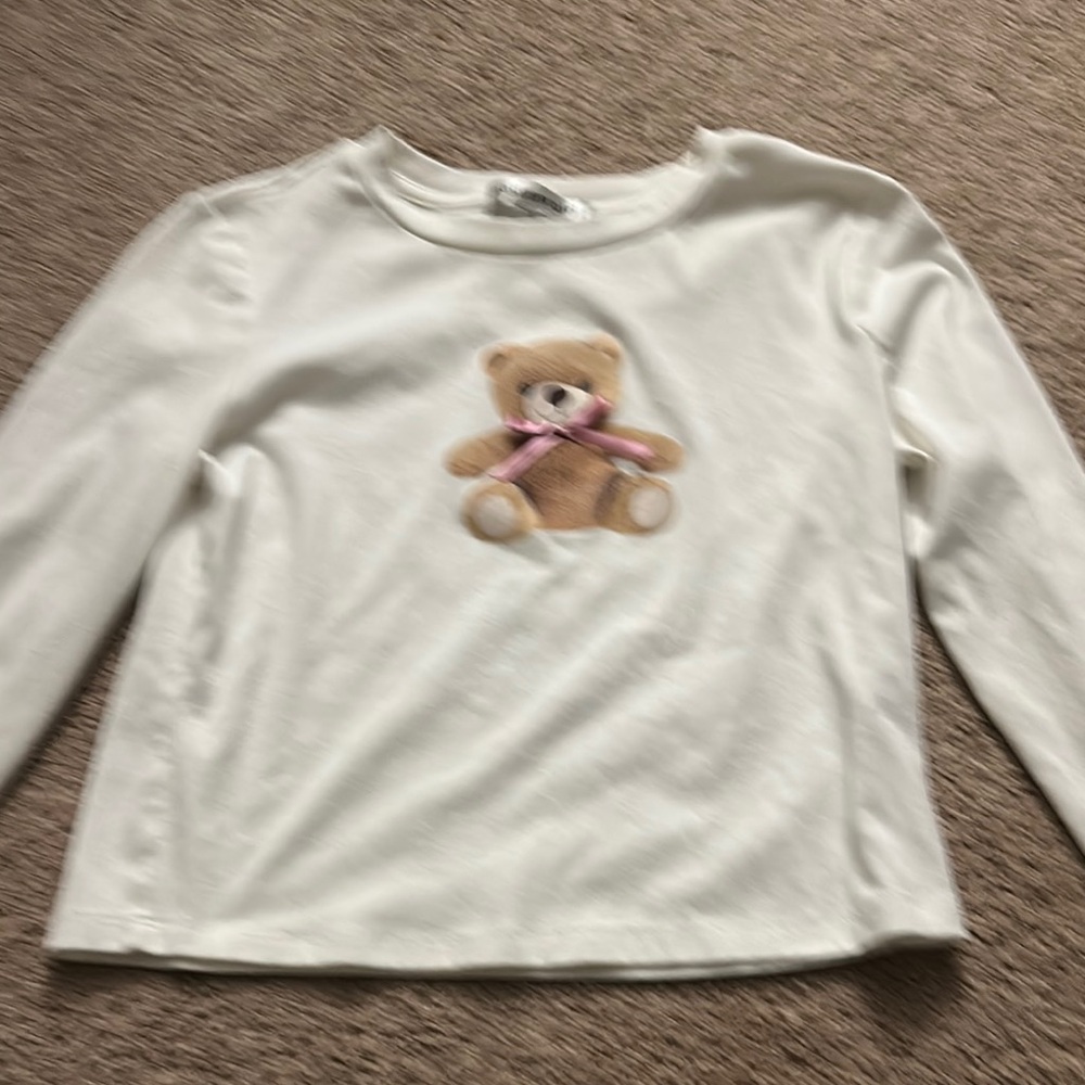 Madden Girl White Tan Long Sleeve Tee with Teddy Bear Graphic